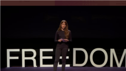 Carolina Barrero en su intervención en el Foro de la Libertad de Oslo, el 23 de mayo de 2022.