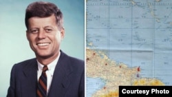 John F. Kennedy y el mapa utilizado para examinar las ubicaciones de los nueve enclaves soviéticos de misiles en Cuba.