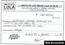 Recibo de la donación de Odebrecht al Instituto Lula.